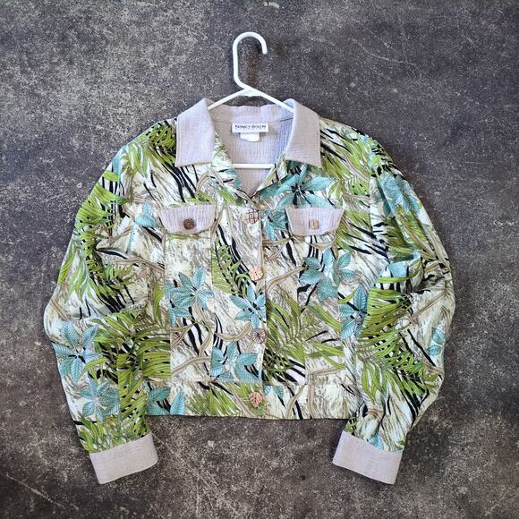 Vintage Nancy Bolen Blazer Jacket Womens L Green Floral Outdoors City Girl - Picture 1 of 8